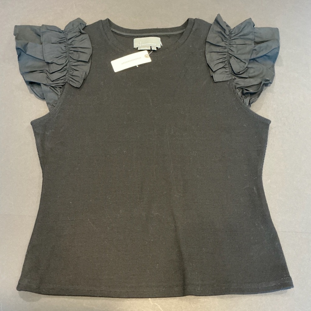 Anthropologie Black Ribbed Ruffle Sleeve Top Size M NWT
